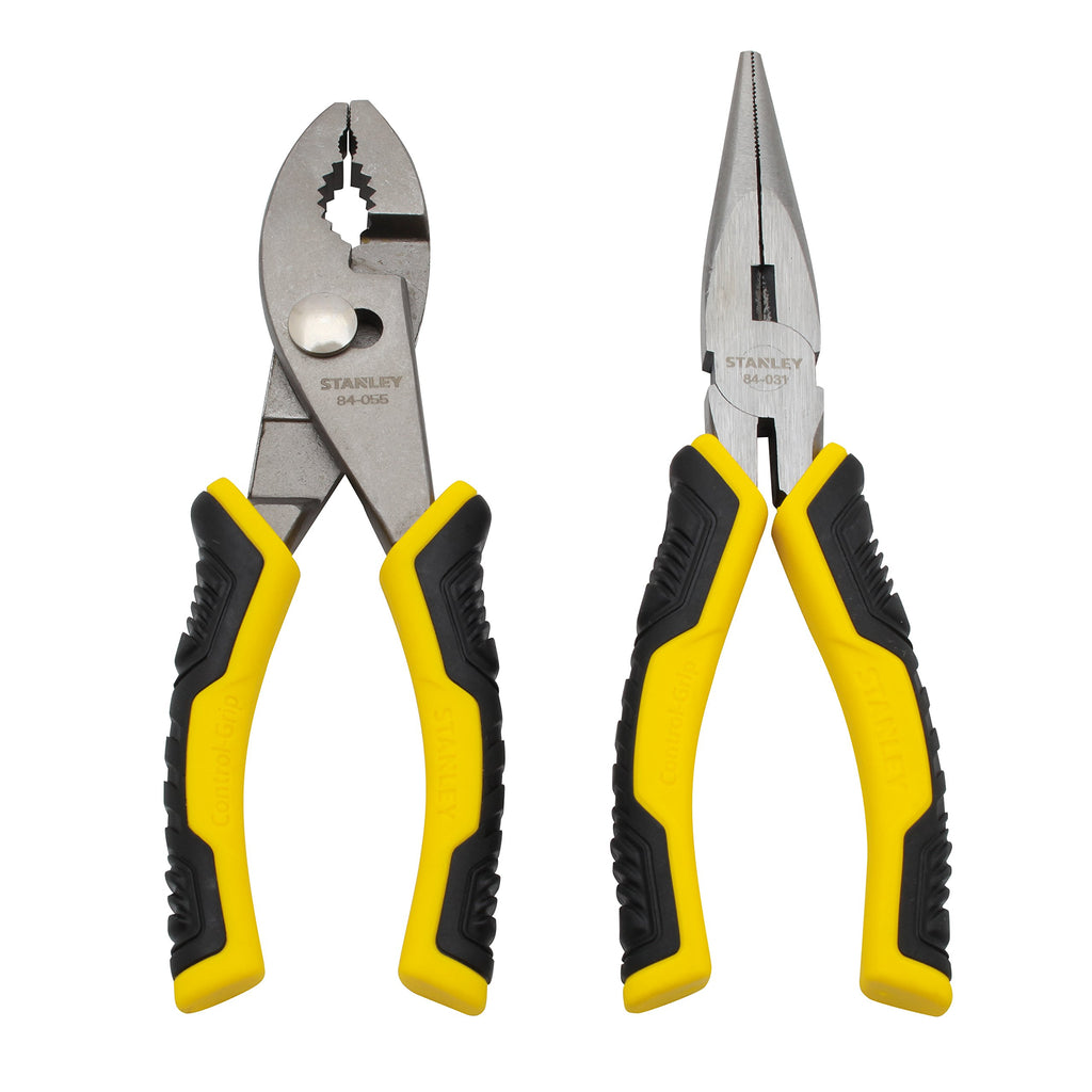 Two pairs of pliers with yellow and black handles on a white background
