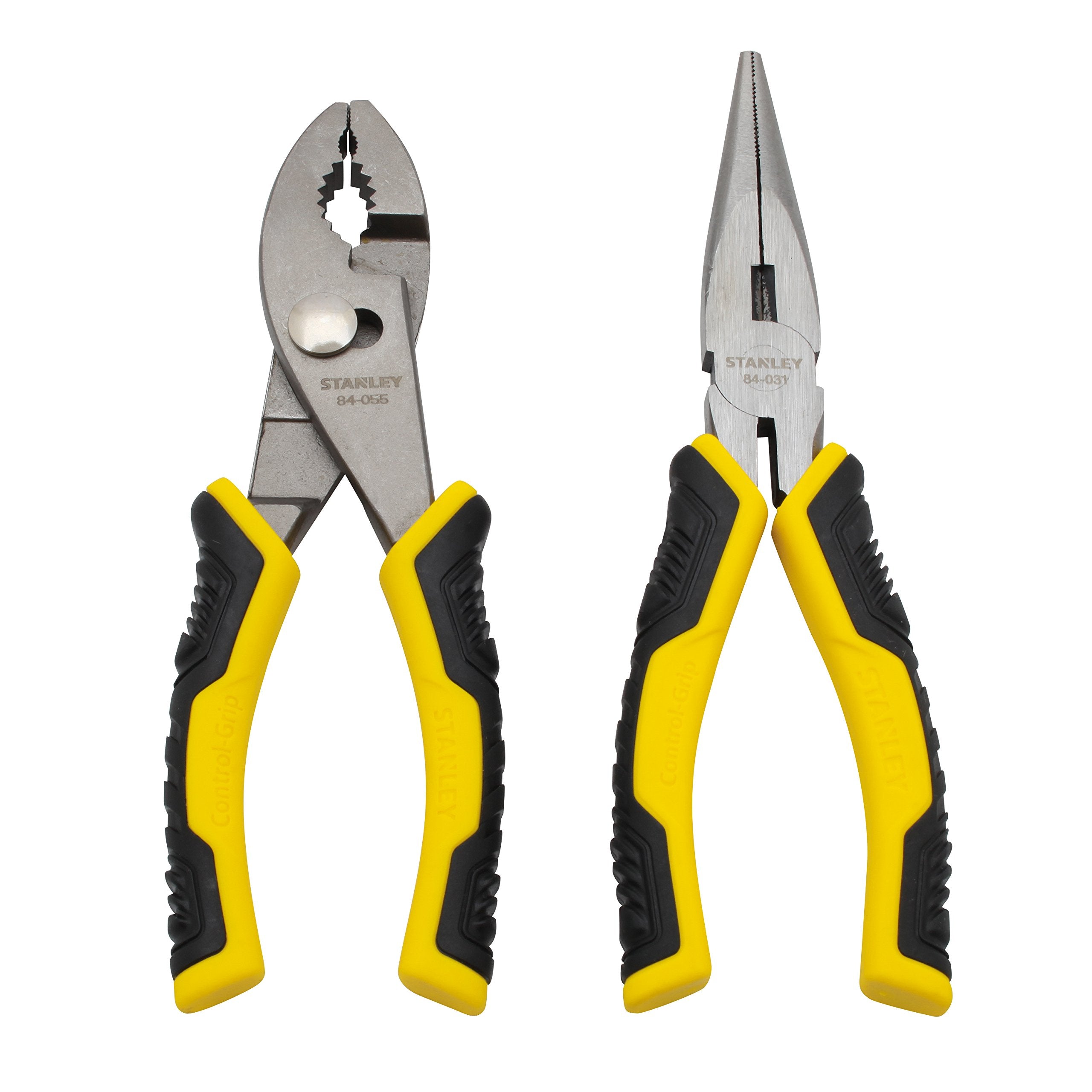 Two pairs of pliers with yellow and black handles on a white background