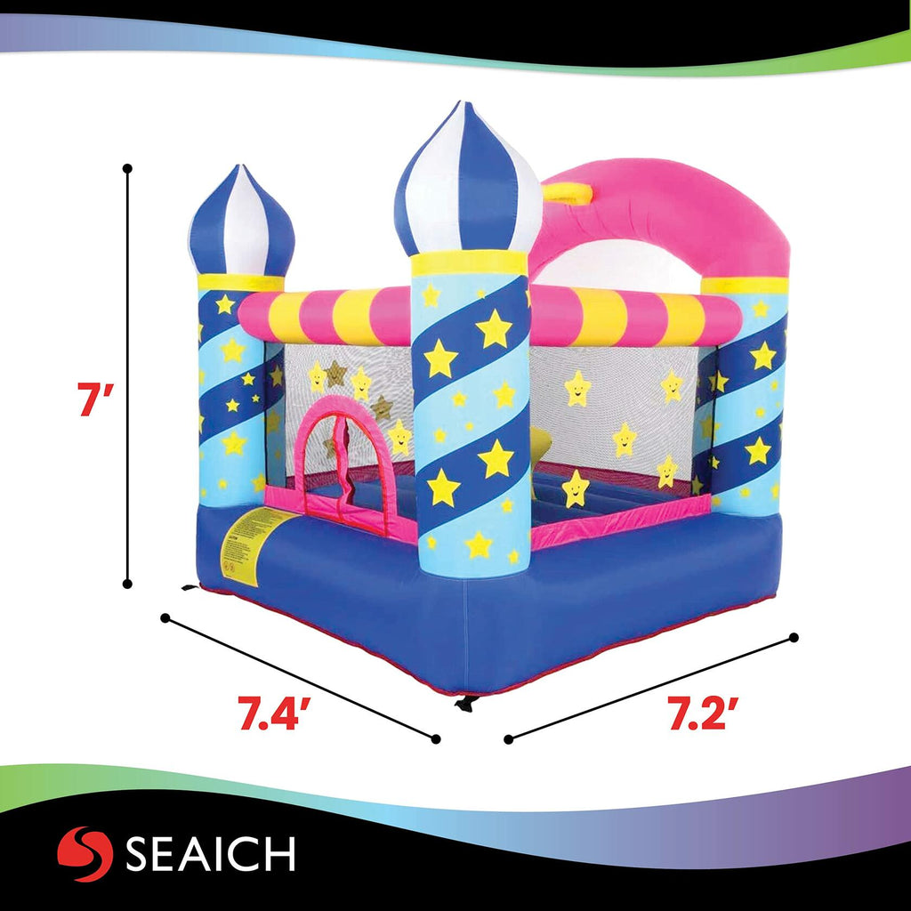Colorful inflatable castle with dimensions labeled on a white background
