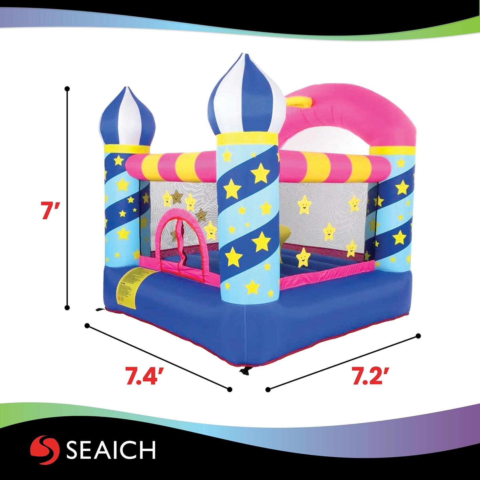 Colorful inflatable castle with dimensions labeled on a white background