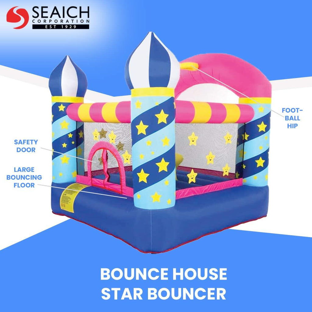 Bounce house with star design on a blue background.