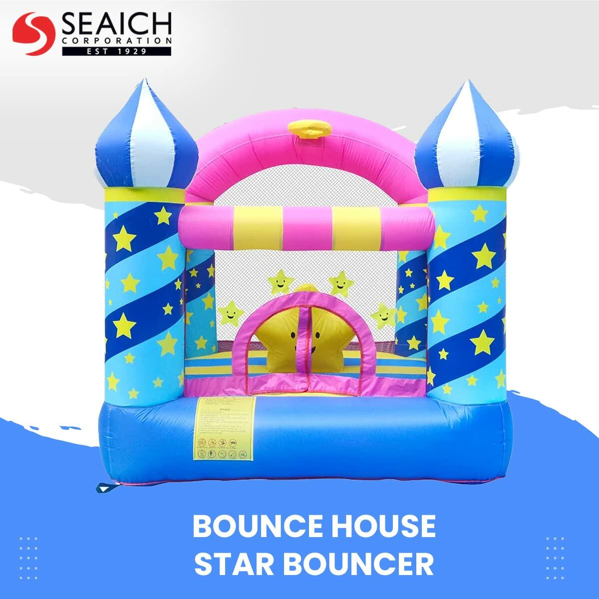 Inflatable bounce house with star design on a white background.