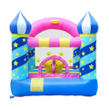 Colorful inflatable castle with blue, pink, and yellow colors on a white background