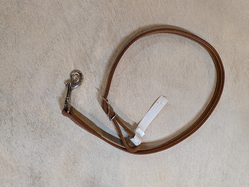 Brown leather tie down strap with a snap on a white surface