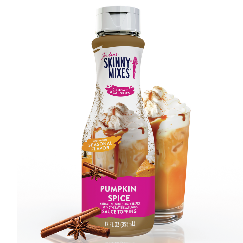 Jordan's Skinny Mixes Pumpkin Spice sauce bottle with a glass of pumpkin spice latte on a white background