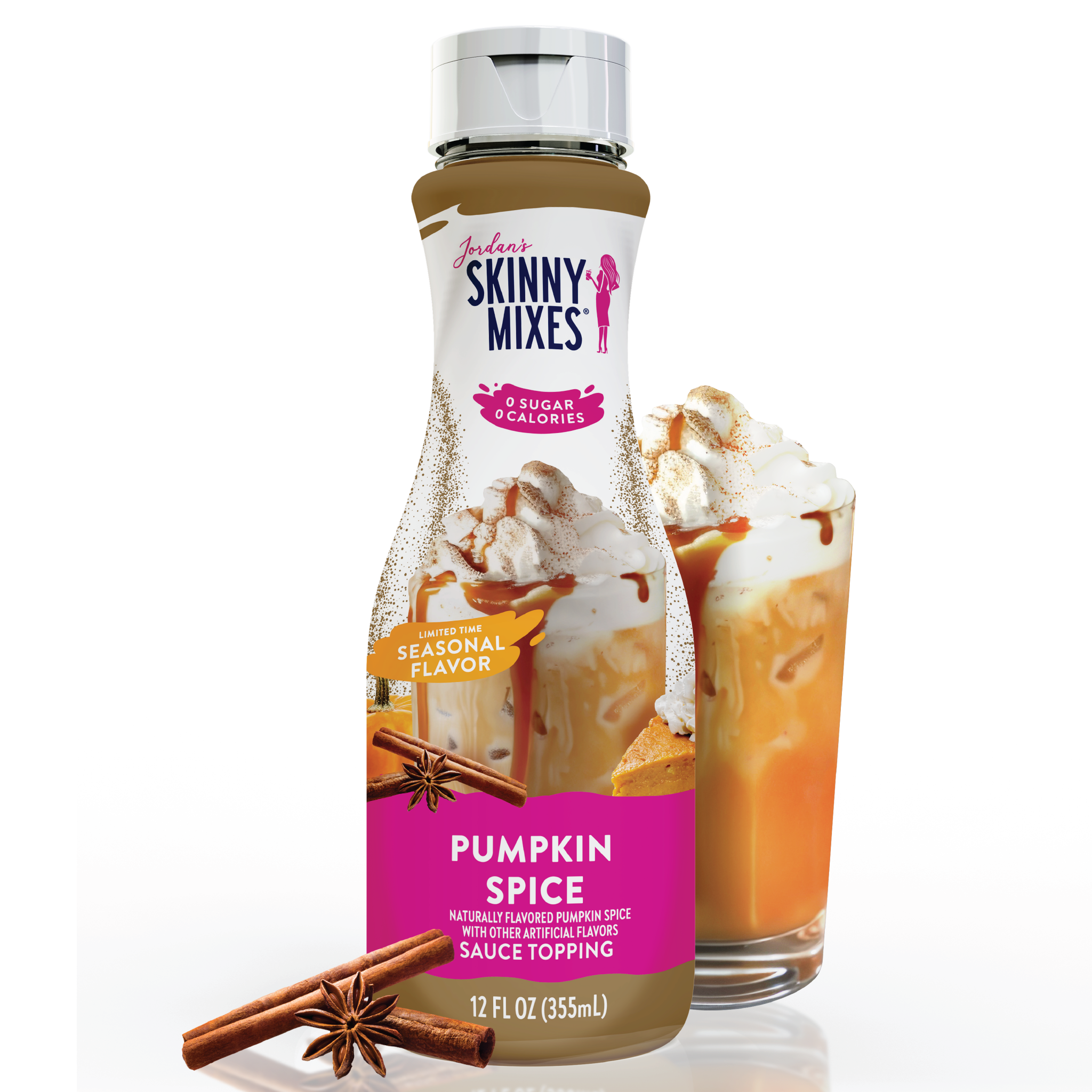 Jordan's Skinny Mixes Pumpkin Spice sauce bottle with a glass of pumpkin spice latte on a white background