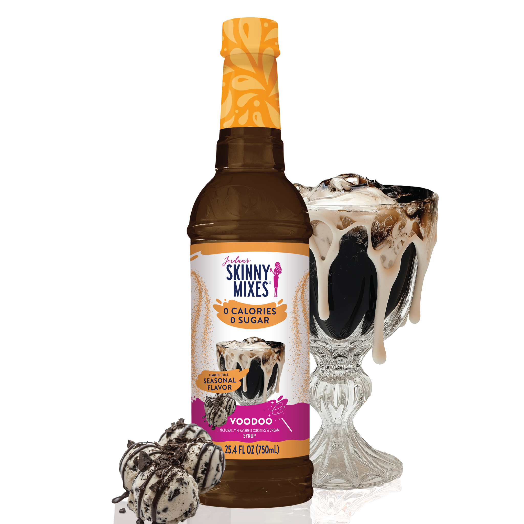 Bottle of Skinny Mixes VooDoo flavor syrup with a glass of ice cream and cookies on a white background