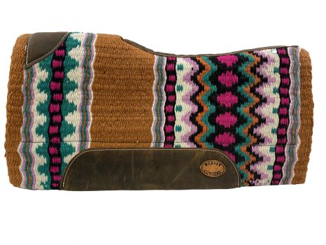 Multicolored patterned saddle pad with brown border on a white background
