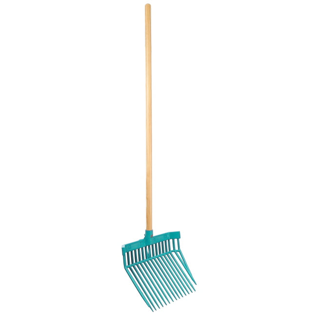Teal garden rake with wooden handle on a white background