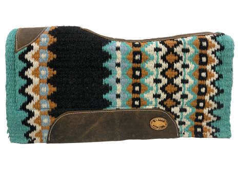 Saddle pad with geometric pattern and leather trim on a white background