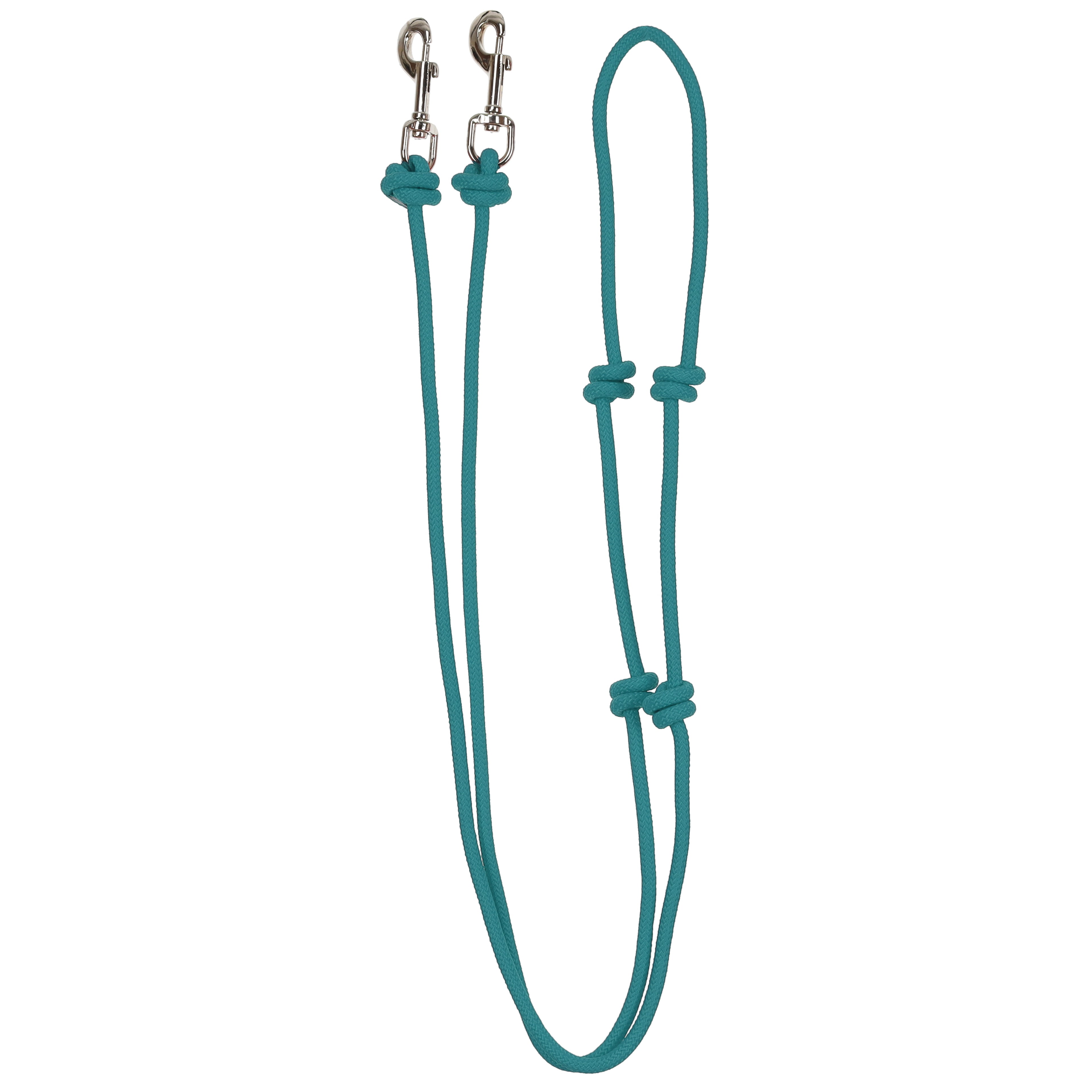 Knotted barrel racing rein with snaps teal in color.