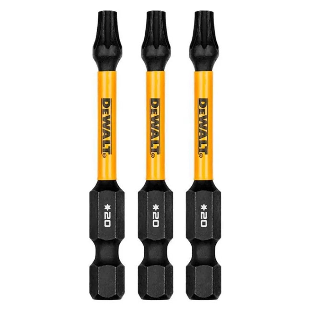 Three DEWALT drill bits with black and yellow design on a white background