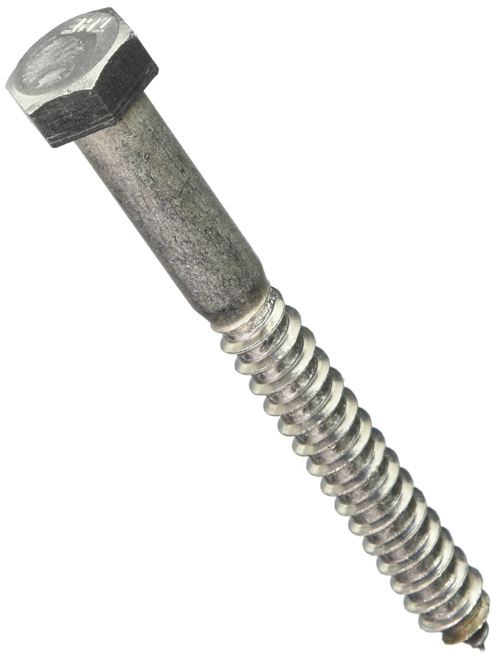 A stainless steel hex lag screw with a hexagonal head and threaded body, intended for use in wood or masonry surfaces.