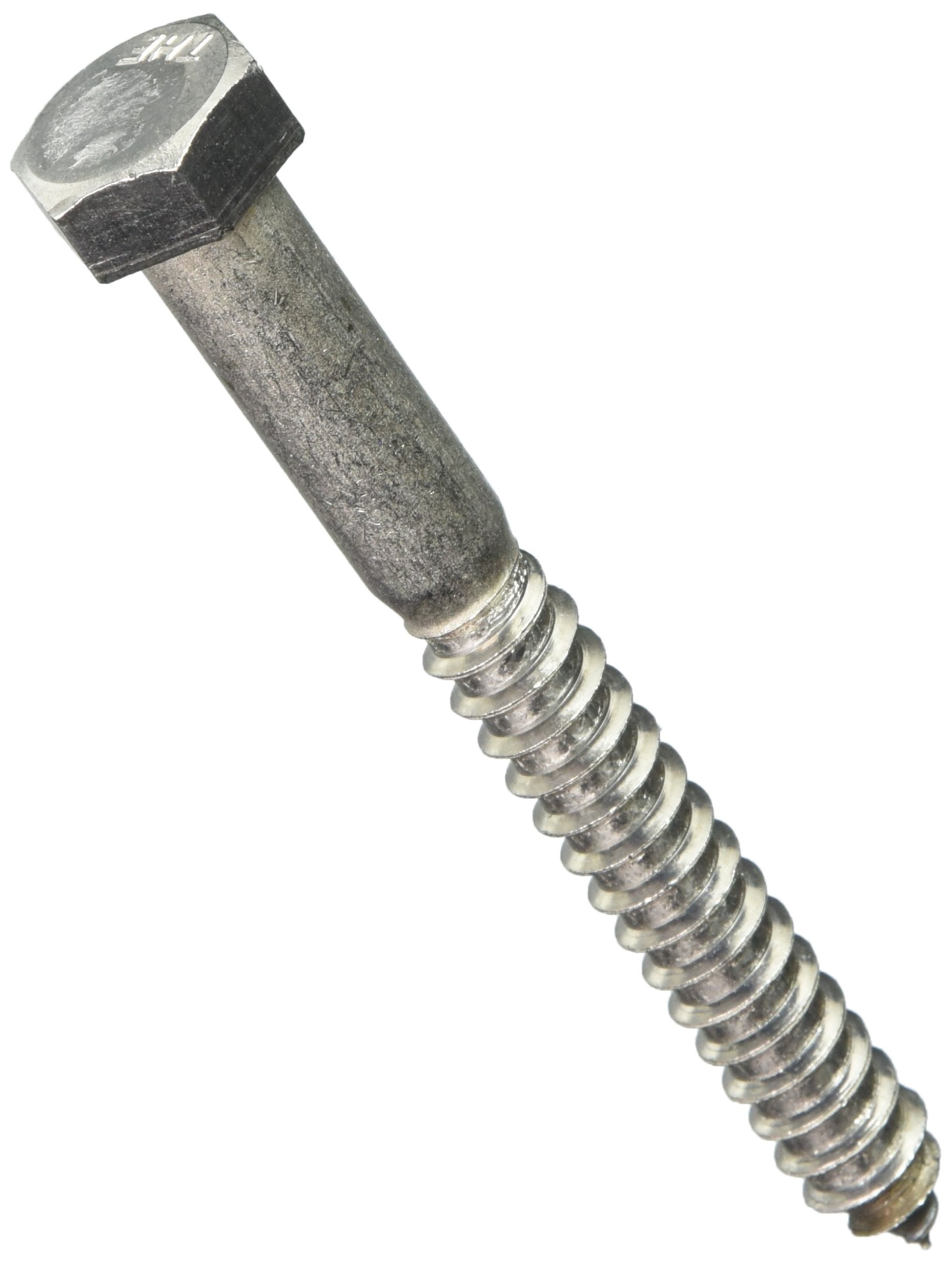 A stainless steel hex lag screw with a hexagonal head and threaded body, intended for use in wood or masonry surfaces.