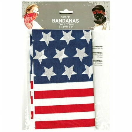 Close-up of cotton fabric on American flag-themed bandanas with white stars on blue