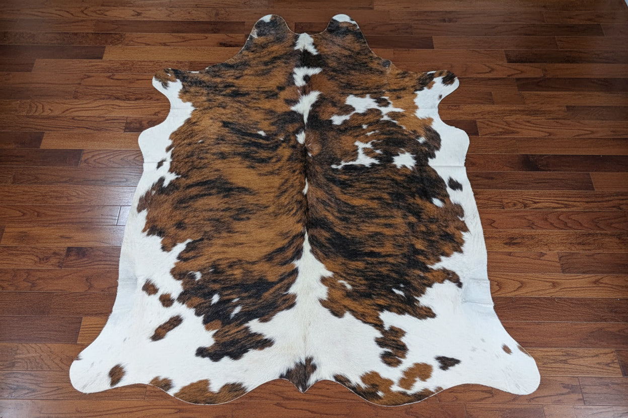 Brindle and white cowhide rug on a brown wood floor