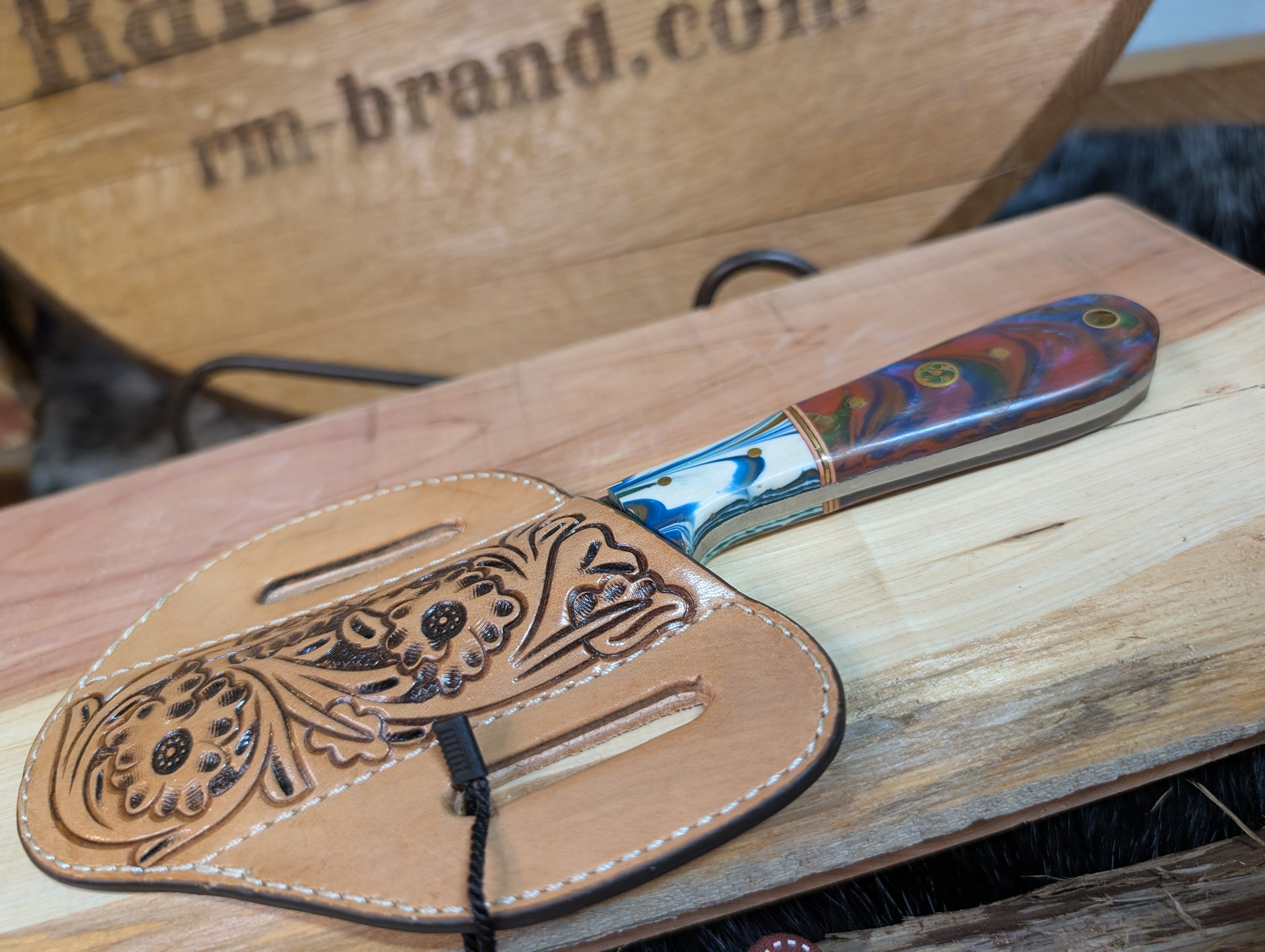 Tooled Leather Trapper Knife Sheath - Floral
