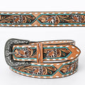 Decorative belt with teal flowers and buckstitch on a white background