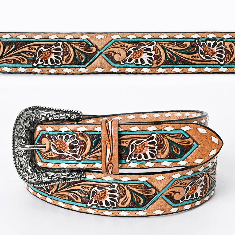 Decorative belt with teal flowers and buckstitch on a white background