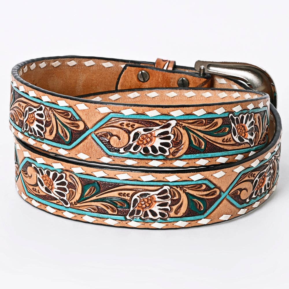Decorative leather belt with floral patterns on a white background