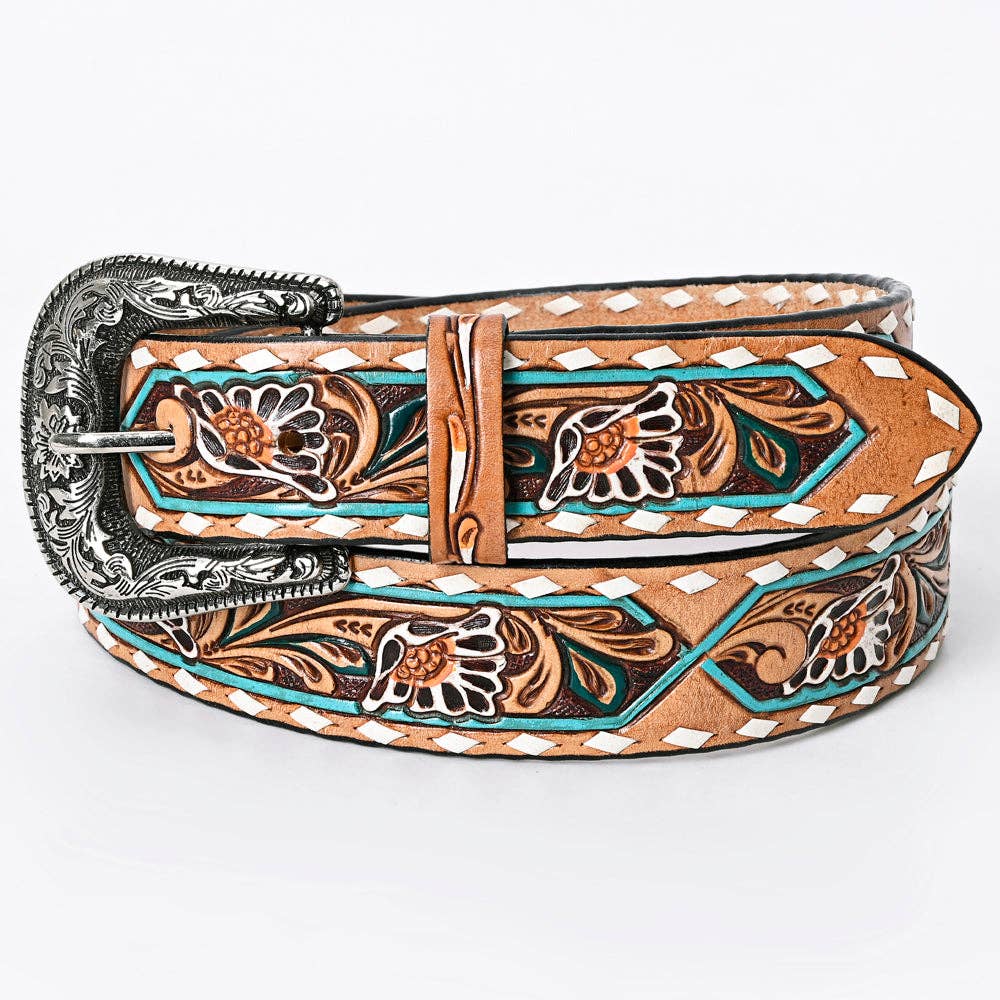 Decorative leather belt with intricate patterns on a white background
