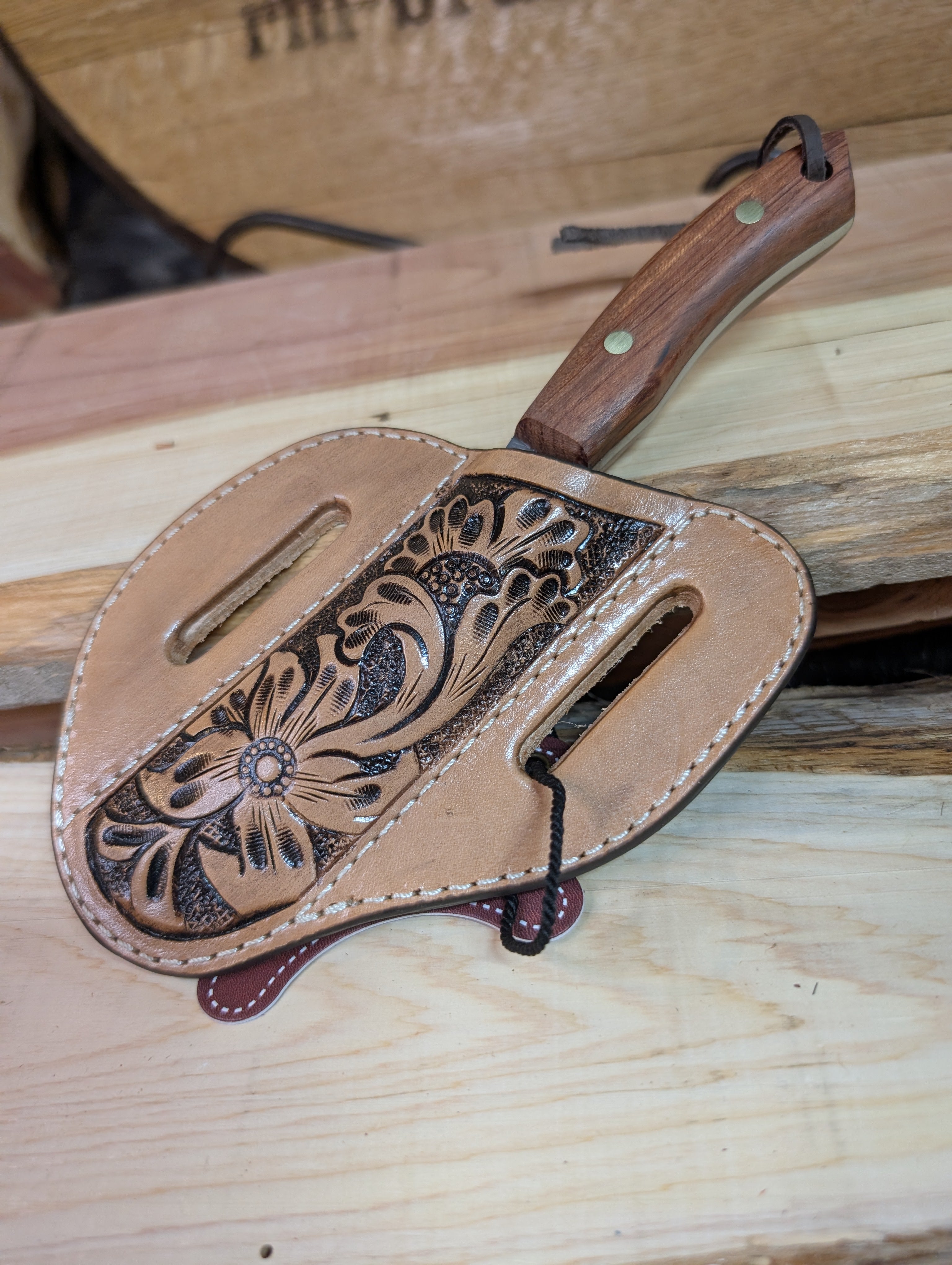 Tooled Leather Trapper Knife Sheath - Floral