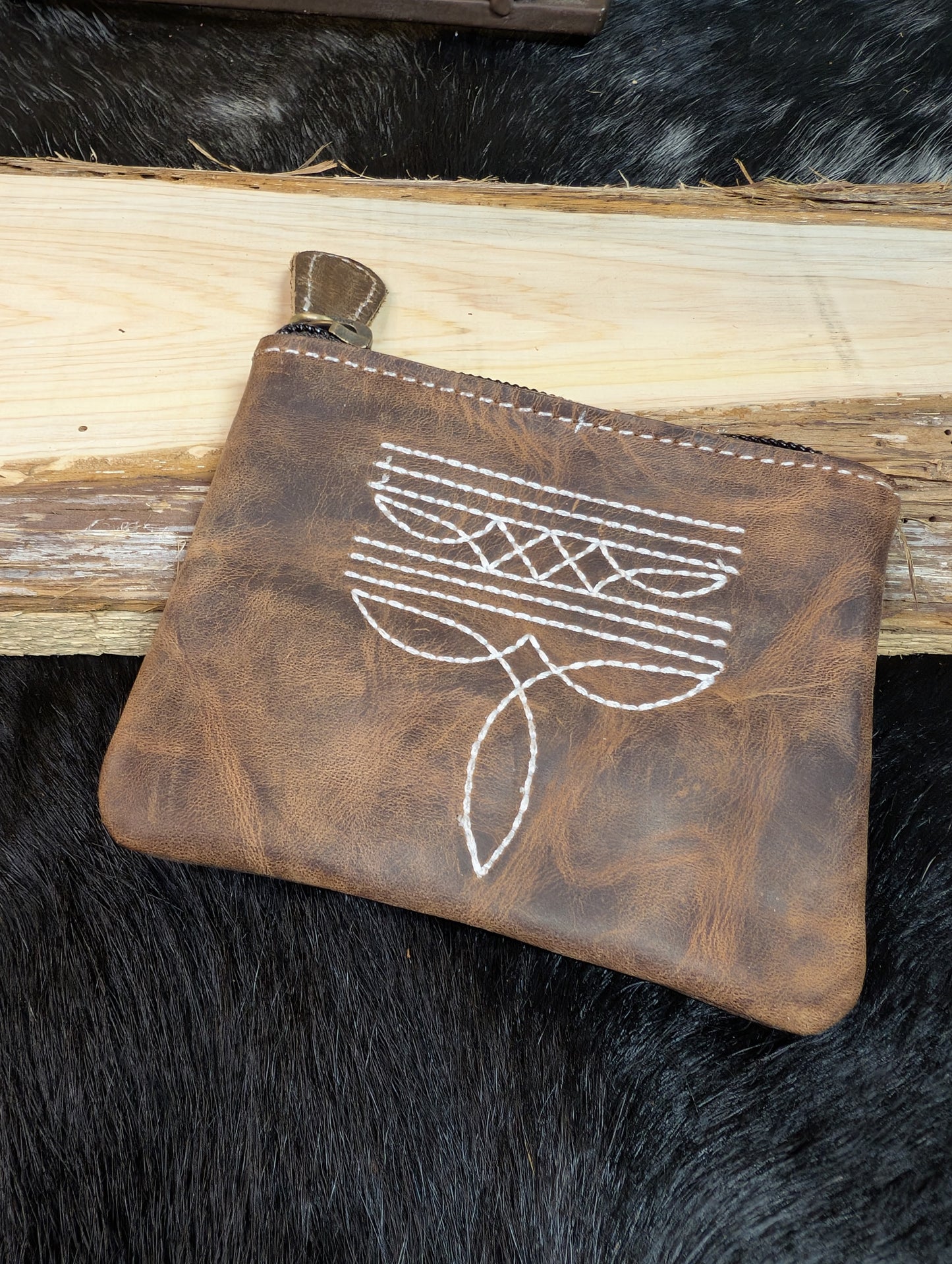 Tooled Rustic Leather Coin Pouch