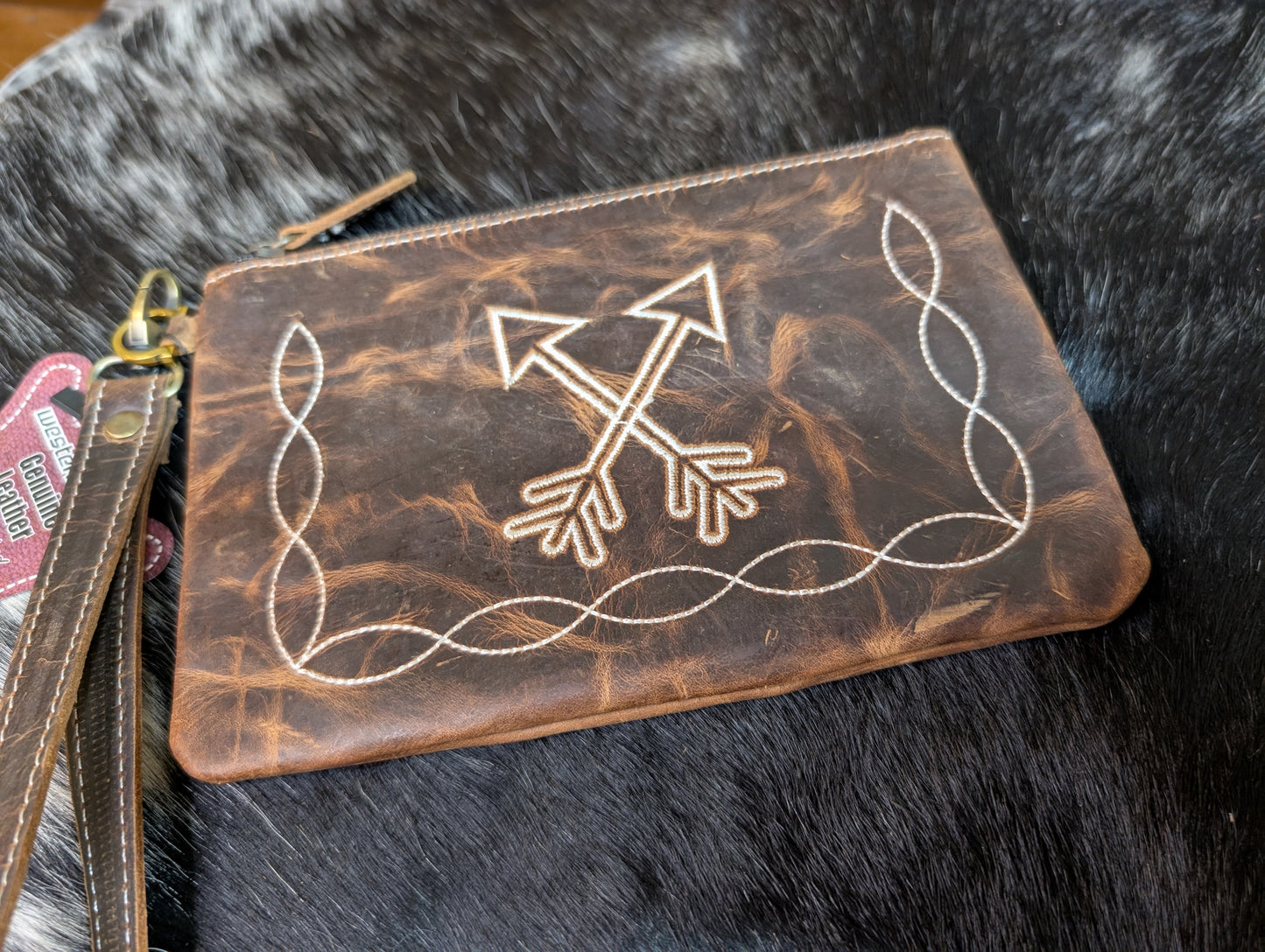 Tooled Rustic Leather Wristlet