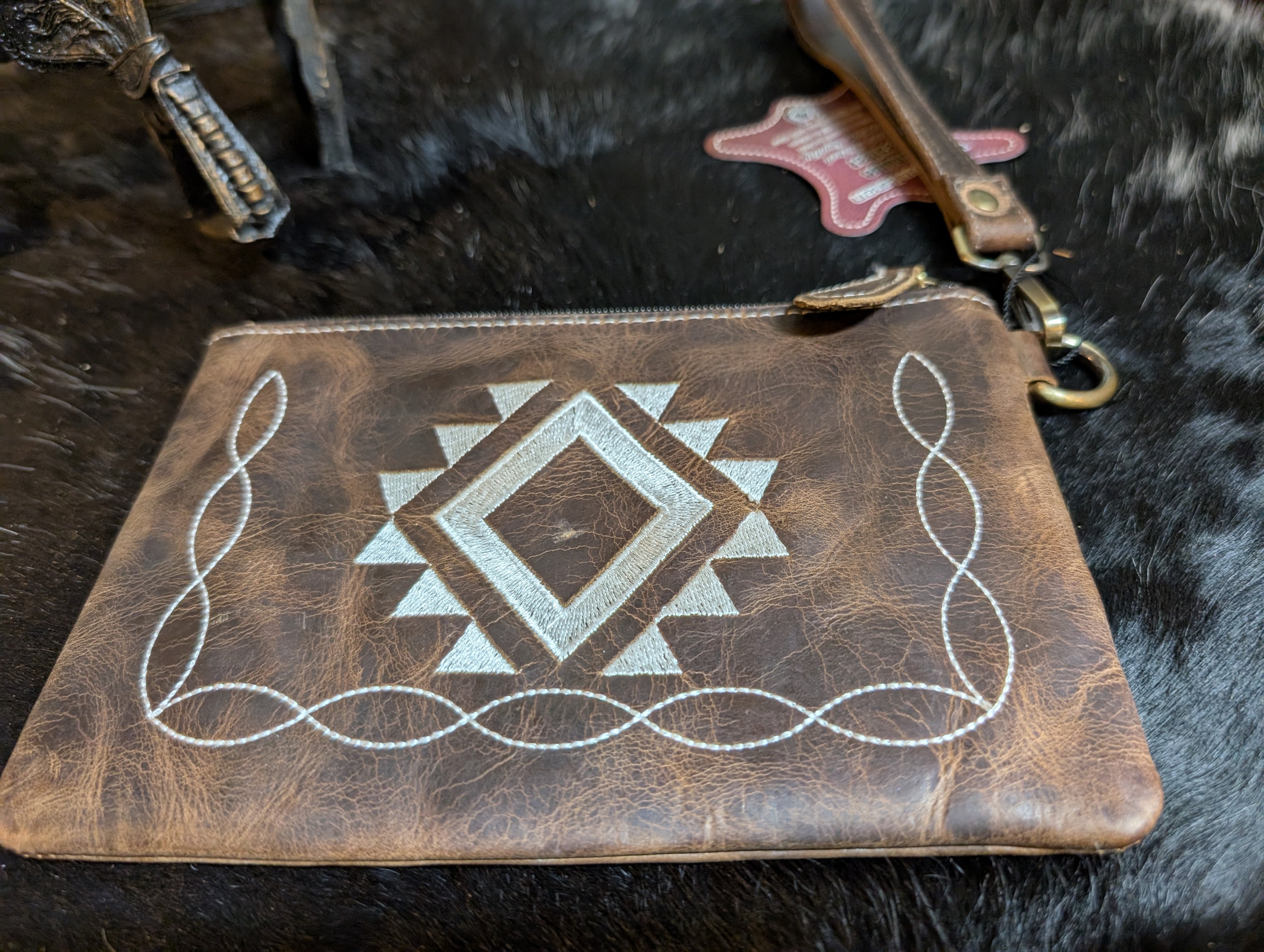 Tooled Rustic Leather Wristlet