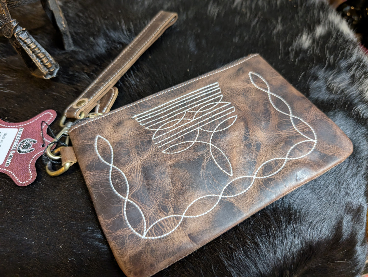 Tooled Rustic Leather Wristlet