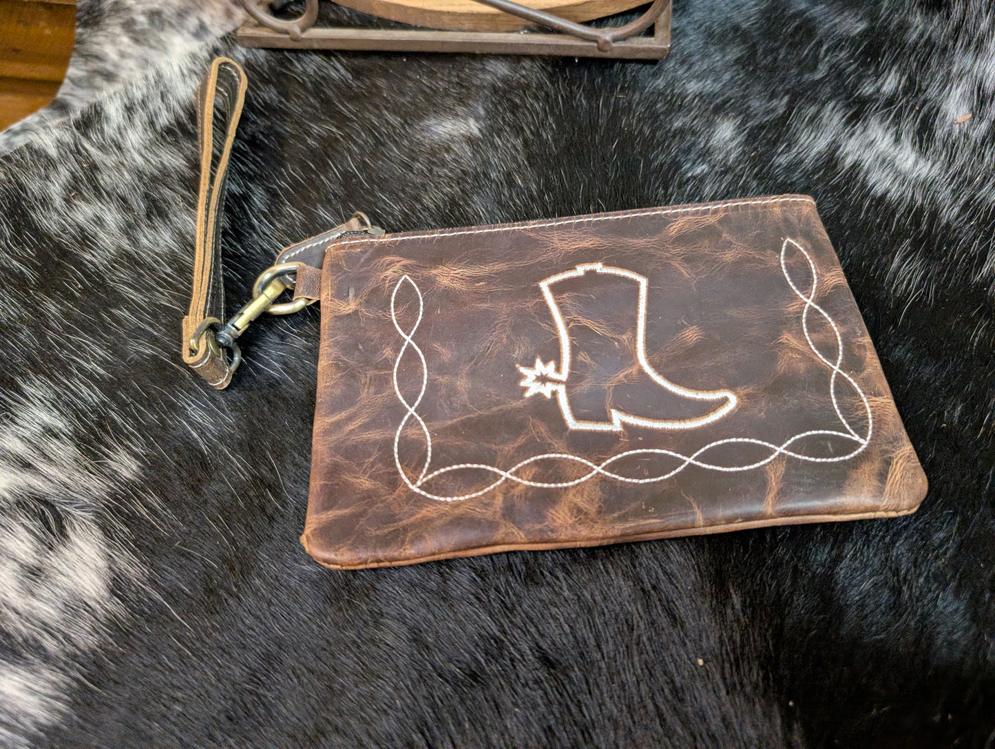 Tooled Rustic Leather Wristlet