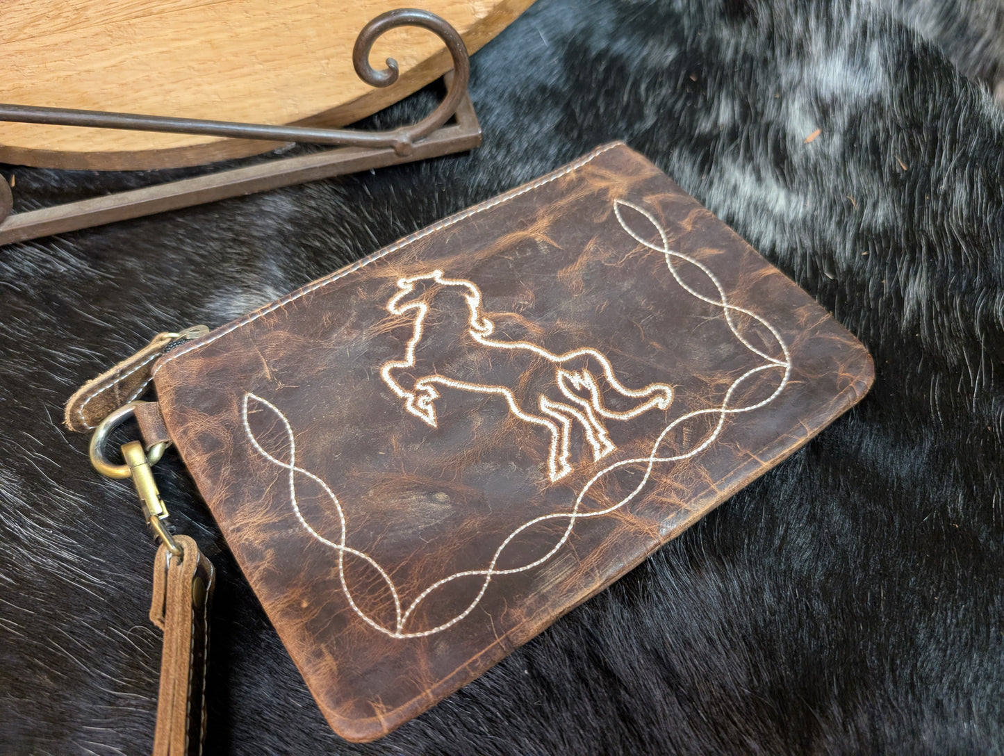 Tooled Rustic Leather Wristlet