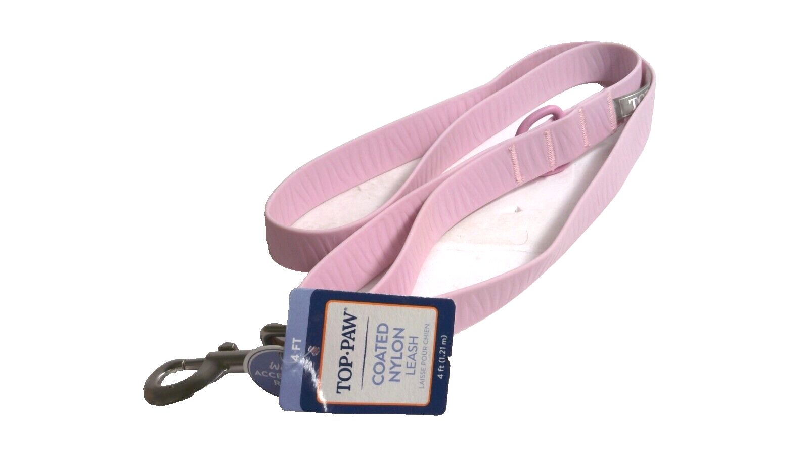 Pink dog leash with a brand label on a white background