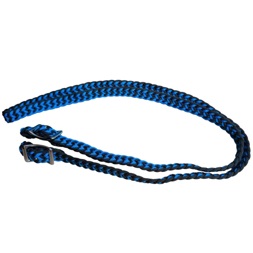 Tough 1 blue and black braided contest reins with conway buckles on the ends.