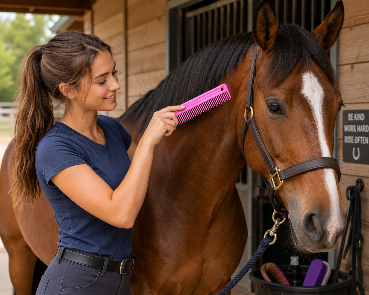 Girl using pink plastic mane comb made by Tough 1.