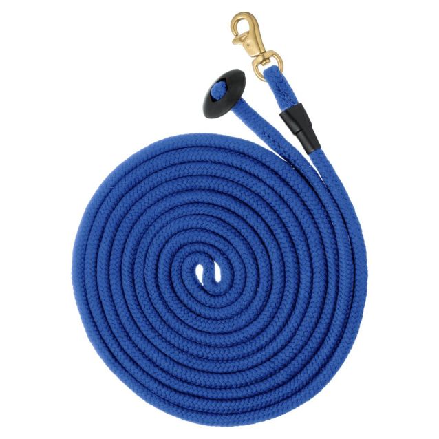 Tough 1 Blue rolled cotton lunge line with a rubber stopper and a brass bull snap.