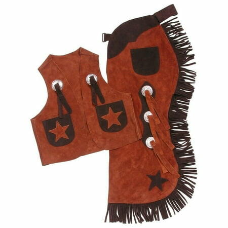 Tough1 youth genuine split leather vest and chaps set with star design, conchos, tassels, and fringe in black