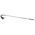 A black equestrian whip with a long shaft, black wrapped handle, and a black tassel on a plain white background.