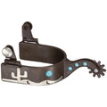 Antique Brown spur with cactus and blue dots and a rowel.