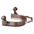 A pair of antique brown steel youth bumper spurs for horses.