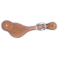 A brown leather spur strap with basketweave &  featuring a white single stitched edge and a buckle closure.