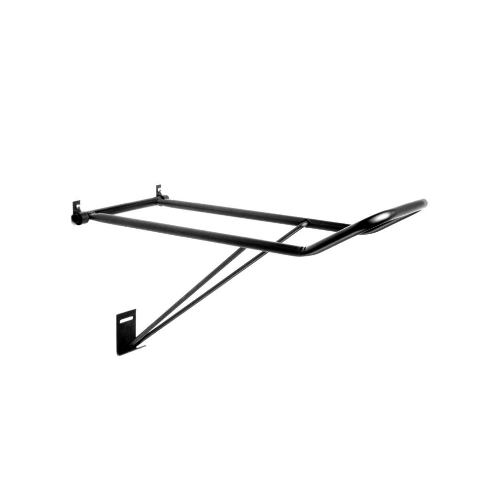 Wall-mounted folding Western saddle rack made of tubular enameled steel, folded flat against the wall.