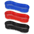 A set of three pet grooming brushes with bristles, in red, blue, and black colors.