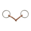 A single-jointed twisted wire snaffle with a polished stainless steel rings and a copper twisted wire mouthpiece.