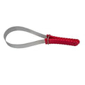 A rubber red handle shedding blade with stainless steel teeth.