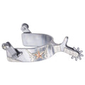 Silver spurs with dual pistols and a copper color star and a silver Rowel