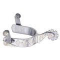 Stainless Silver spur with poker suits on hte side.