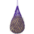 A purple hay net with hay