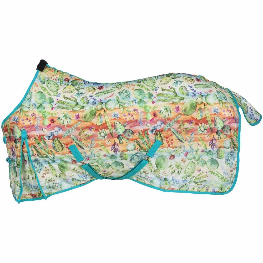 Side view showing cactus pattern and crossed belly straps on pony fly sheet