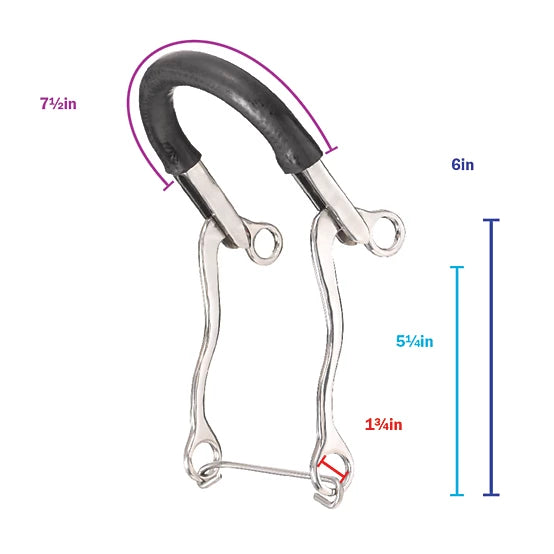 Silver metal horse bit with a black rubber mouthpiece, annotated with dimension lines and text showing measurements of 7 1/2 inches, 6 inches, 5 1/2 inches, and 1 1/4 inches on a white background.